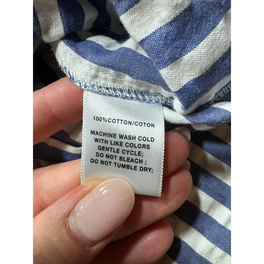 Lafayette 148 New York Blue White Seersucker Striped Button Down Shirt Size 10 - Picture 7 of 11